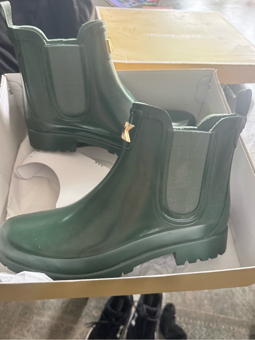 Michael Kors Dark Green Chelsea Rain Boots with Gold K Charm